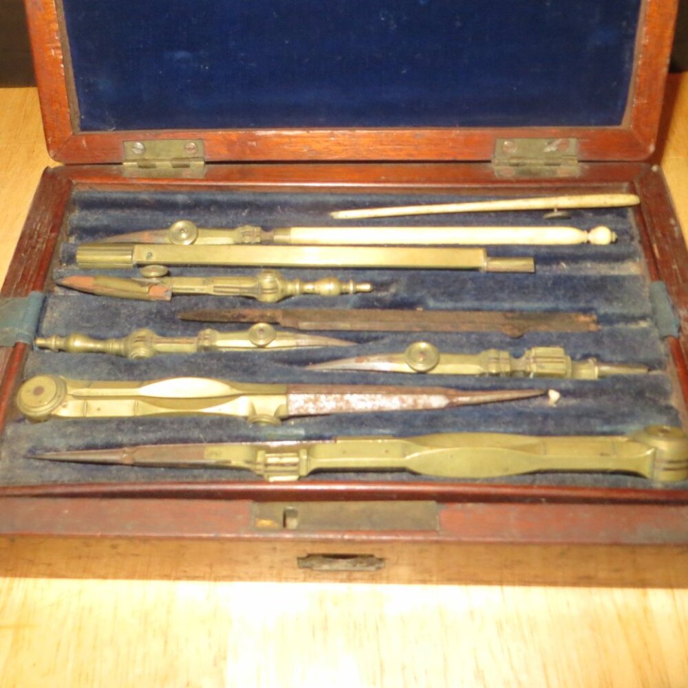 0323E J. Archbutt of London Antique Brass Drafting Drawing Set-Mahogany Case